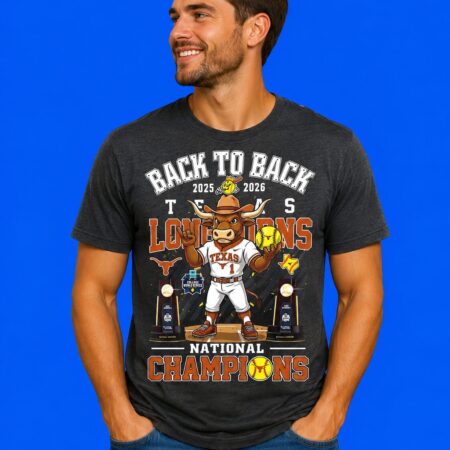 Back-to-Back 2025-2026 Texas Longhorn National Champions Mascot Trophy 2-Sided T-Shirt