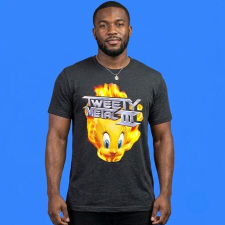 Tweety Metal III Surrounding Flames Edgy Graphic Print Shirt
