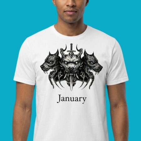 January Three Headed Demon Dog With Sword T-Shirt