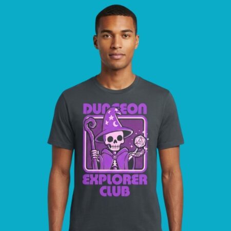 Dungeon Explorer Club Skeleton Wizard D20 Dice RPG Tee