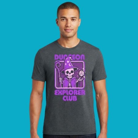 Dungeon Explorer Club Skeleton Wizard D20 RPG Gamer Tee