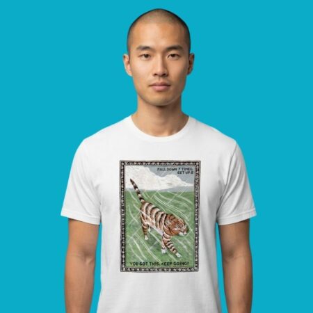 Fall Down 7 Times Get Up 8 Cat Motivational Quote Tee