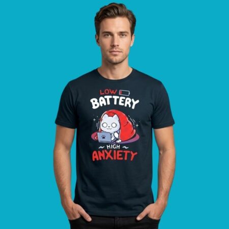 Low Battery High Anxiety Cat With Laptop Tech Humor Tee
